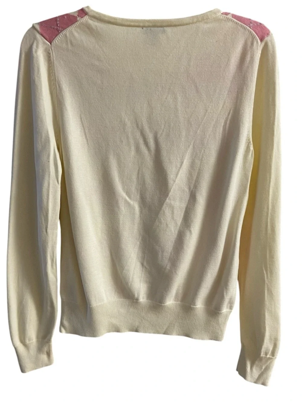 Talbots Pink & Cream Argyle Crewneck Button Cardigan sweater Medium - Picture 2 of 6